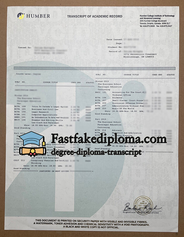 purchase realistic Humber College transcript