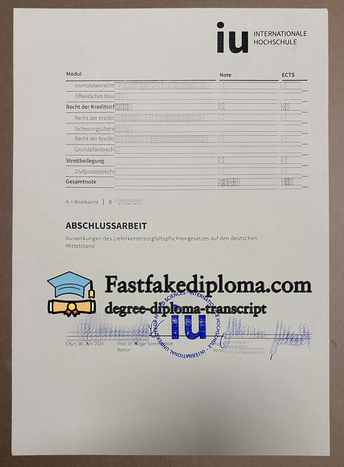 IU Internationale Hochschule transcript